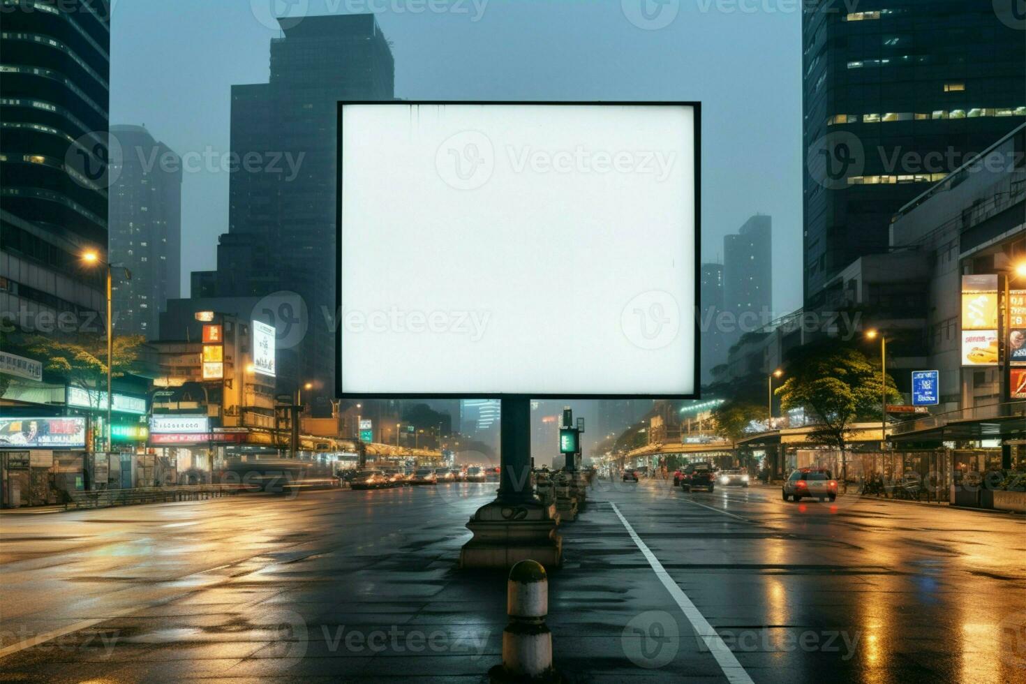 dans le cœur de le ville, une Vide panneau d'affichage fait signe messages ai généré photo