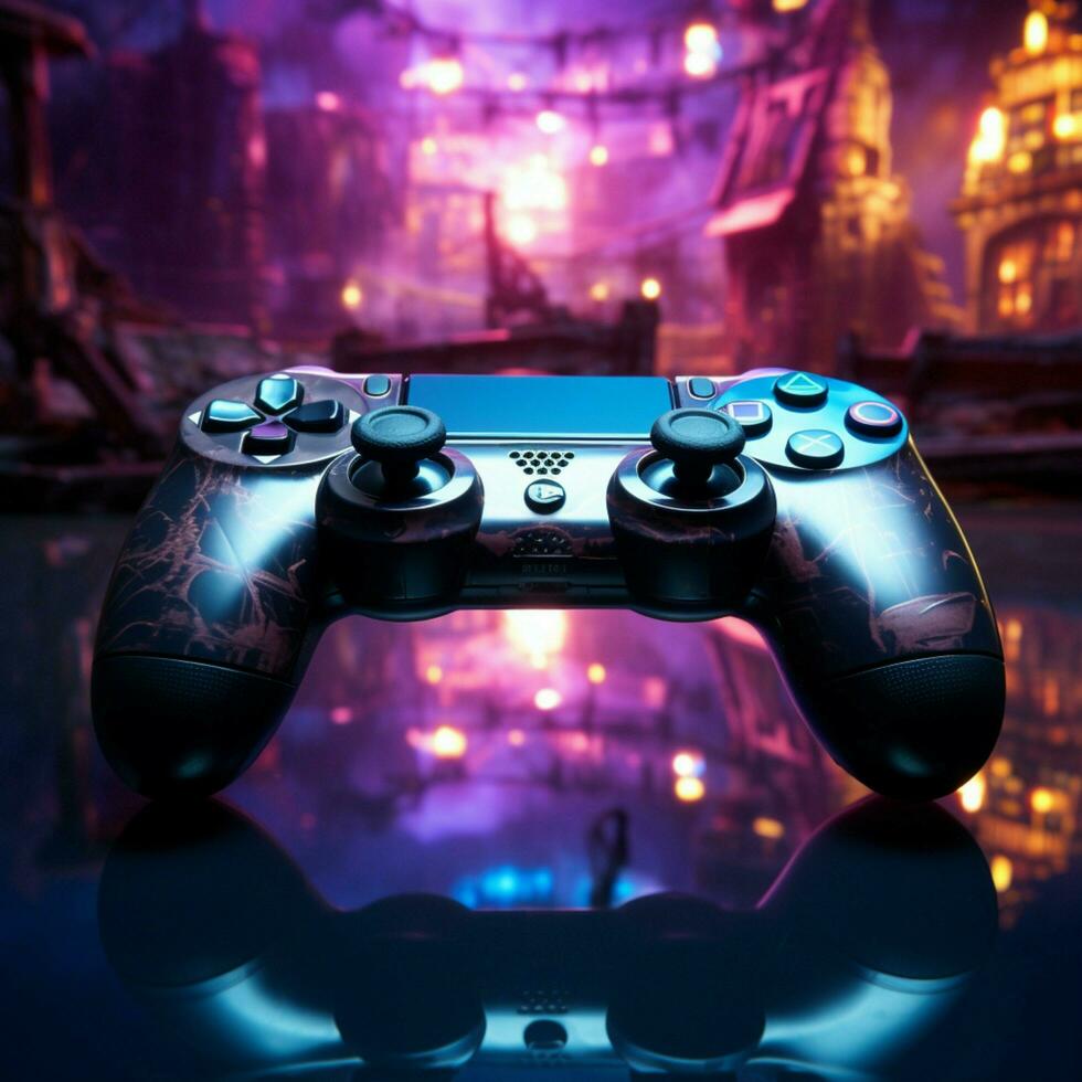 en retard nuit jeu bleu à thème vidéo jeu, proche en haut de manette, entrer virtuel domaine pour social médias Publier Taille ai généré photo