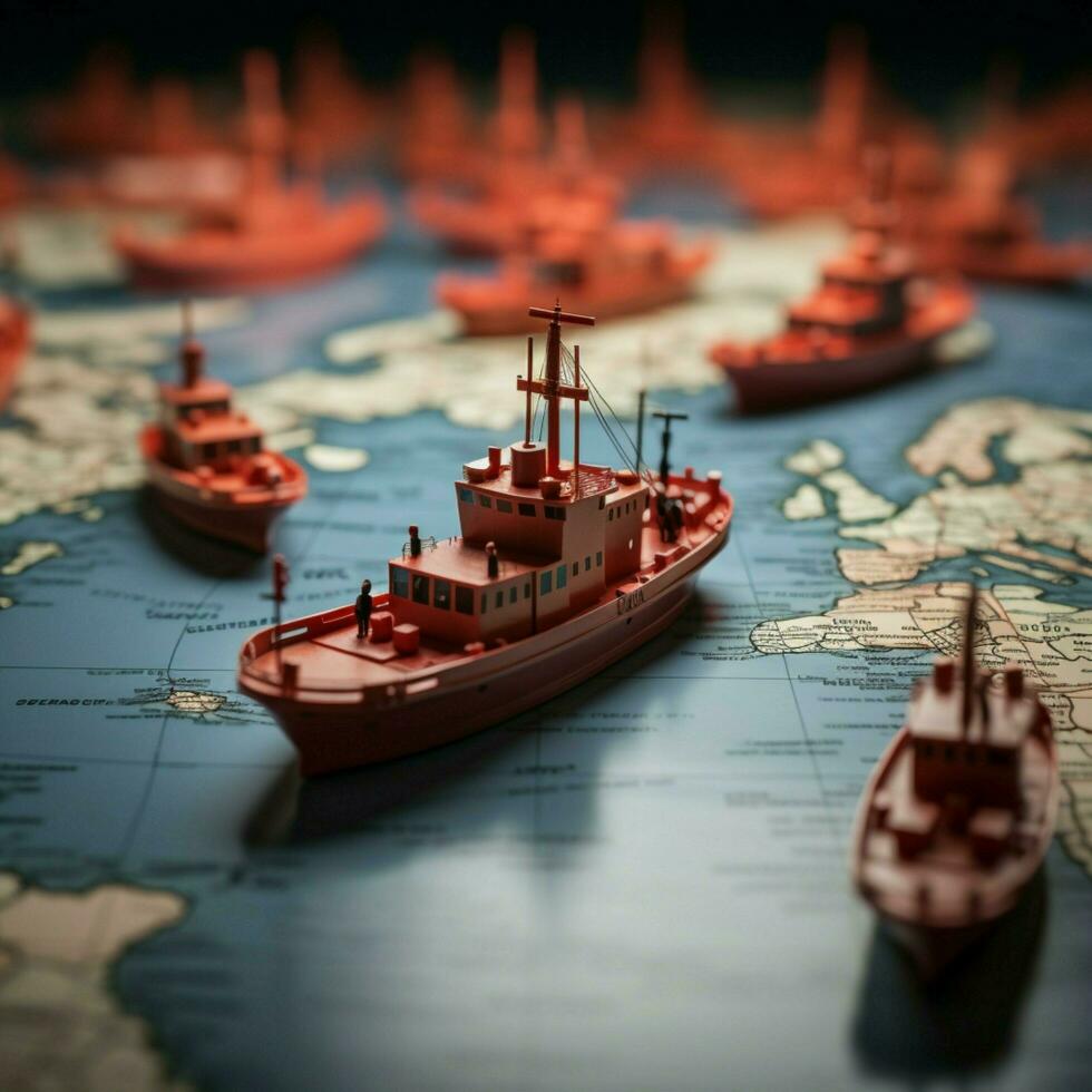 de premier plan le façon rouge bateau guides papier flotte sur monde carte, symbolisant travail en équipe pour social médias Publier Taille ai généré photo