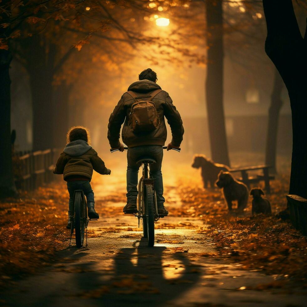 homme portion le sien enfant dans apprentissage à balade une vélo, arrière vue pour social médias Publier Taille ai généré photo
