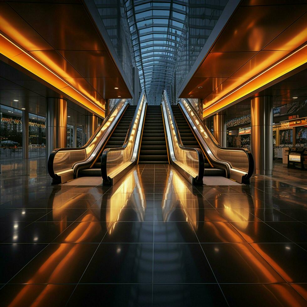 moderne transit détaillé coup capture escaliers mécaniques présence dans Urbain bâtiment ou métro station pour social médias Publier Taille ai généré photo