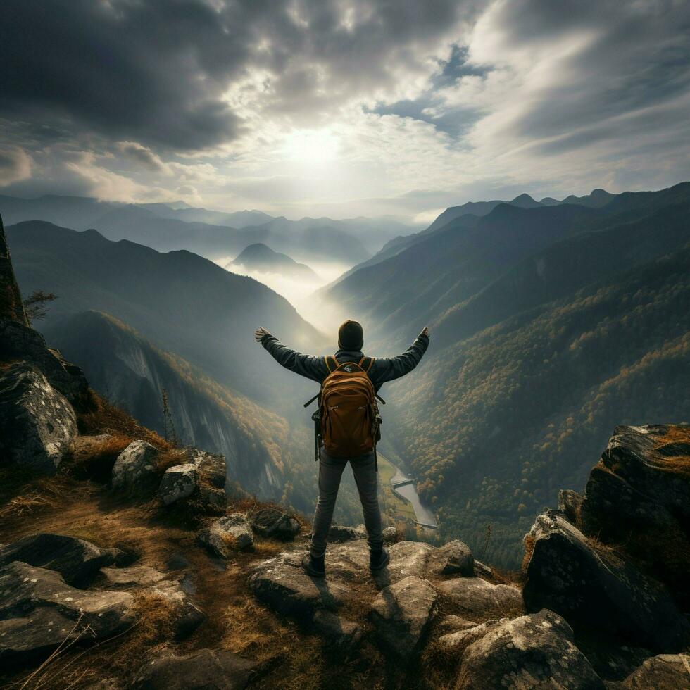 Matin vue, routards dos, bras tendu, savourer brumeux Montagne intervalle beauté pour social médias Publier Taille ai généré photo