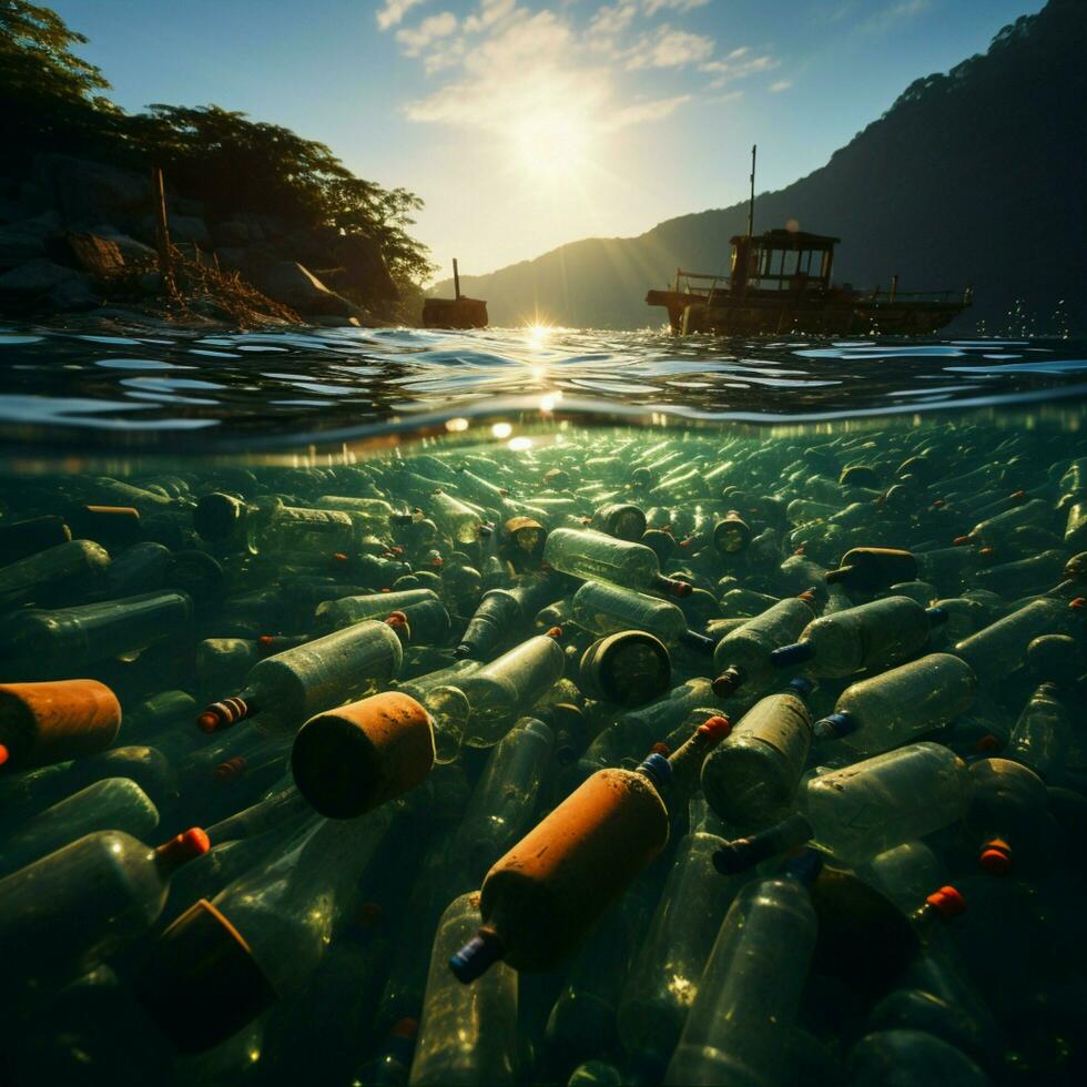 mer entaché avec Plastique bouteilles, dépeindre natures dégradation et environnement la pollution pour social médias Publier Taille ai généré photo