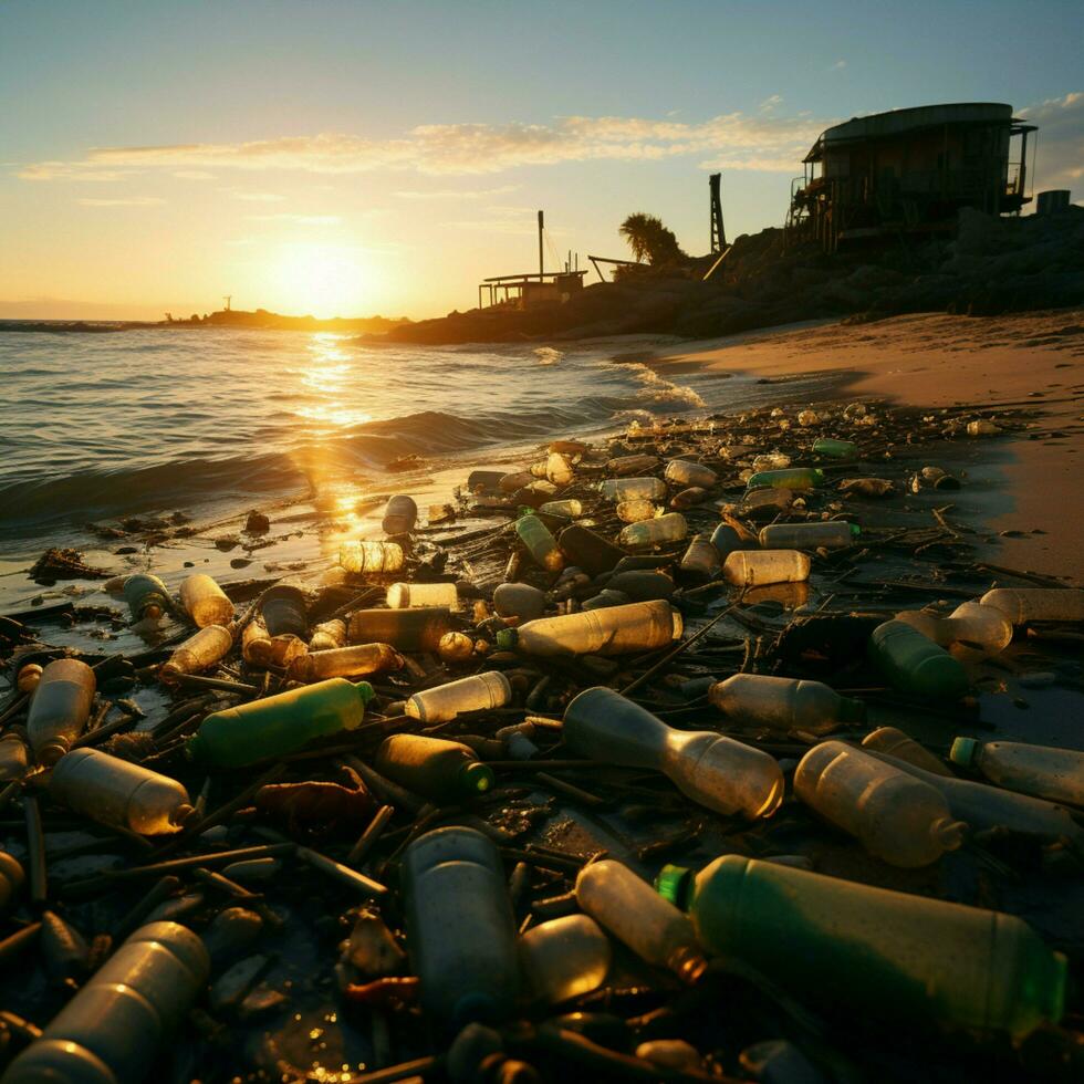 rivage gâché par Plastique bouteilles et débris, illustrant plage pollutions écologique impact pour social médias Publier Taille ai généré photo