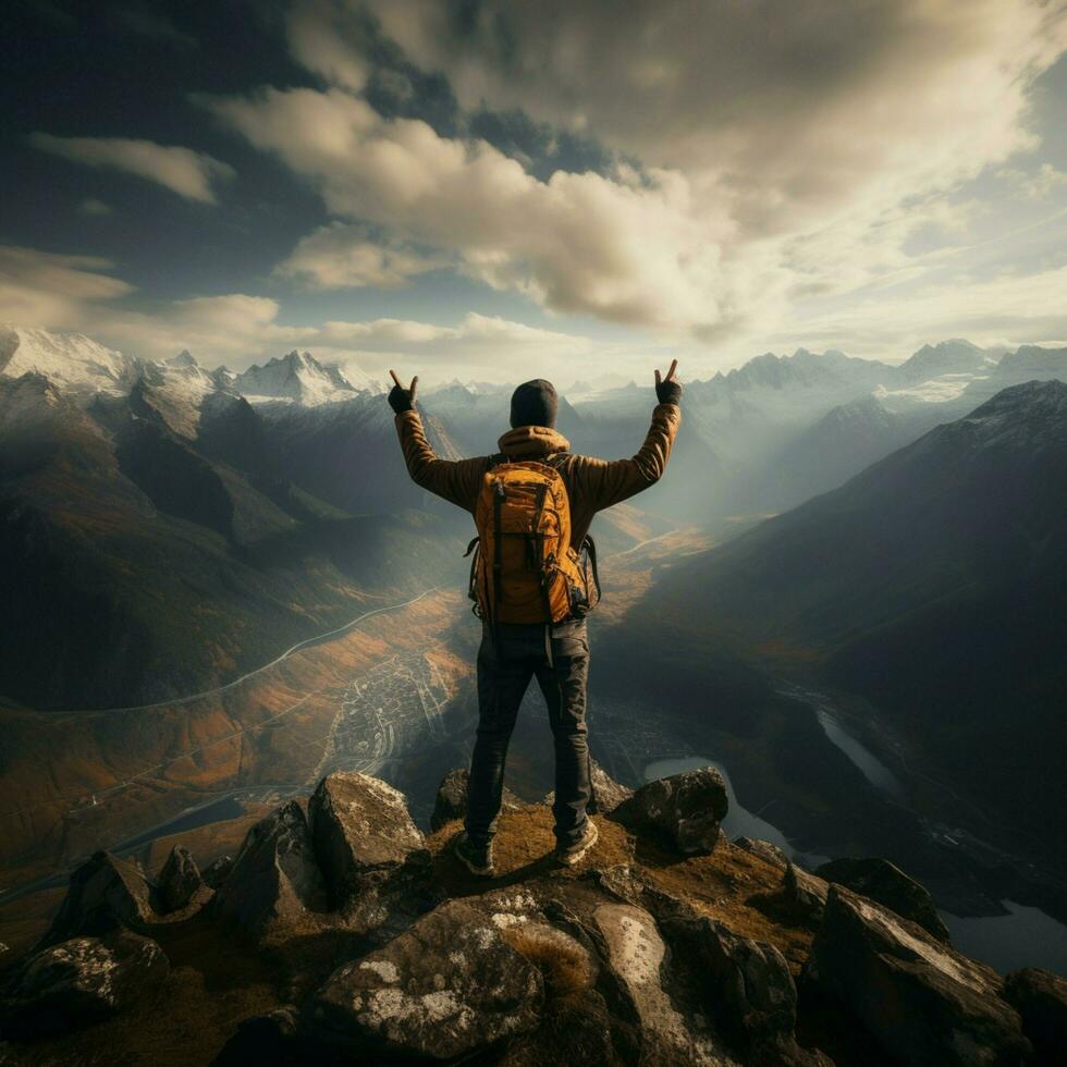 sommet allégresse, réussi promeneur embrasse sommet de la montagne voir, marquage une personnel triomphe pour social médias Publier Taille ai généré photo