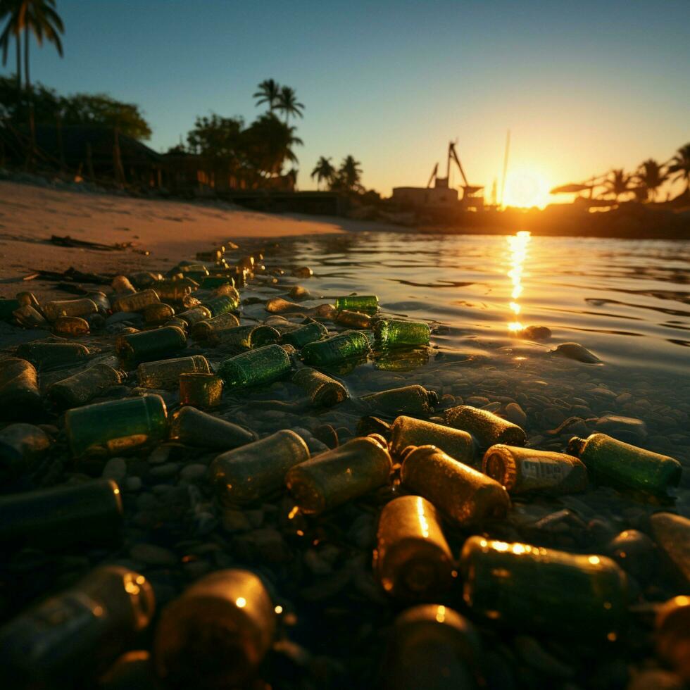 poubelle monté paysage de plage, Plastique bouteilles accentuant le impact de côtier la pollution pour social médias Publier Taille ai généré photo
