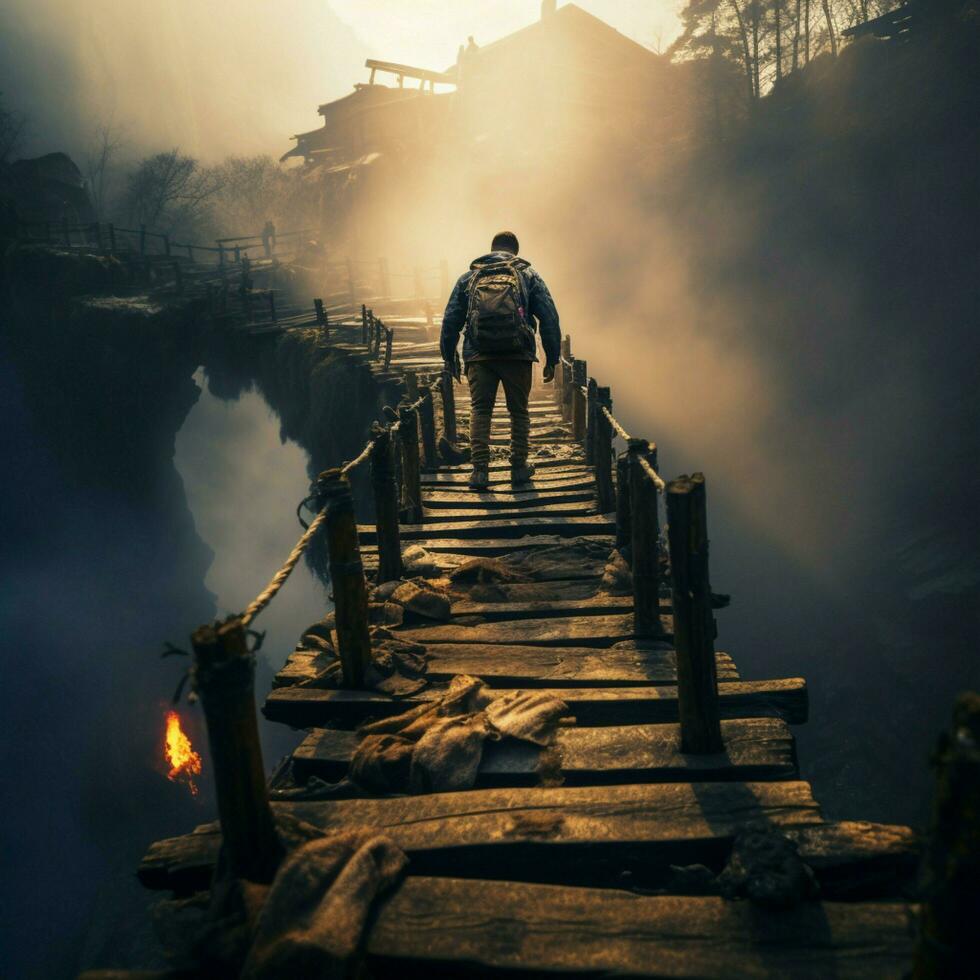 homme d'affaire pousser une longue faisceau, création un improvisé pont à traverser le abîme obstacle couverture le écart pour social médias Publier Taille ai généré photo