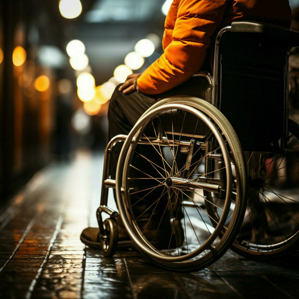 proche en haut vue homme dans fauteuil roulant détient roues, représentant force et aptitude en dépit handicap pour social médias Publier Taille ai généré photo