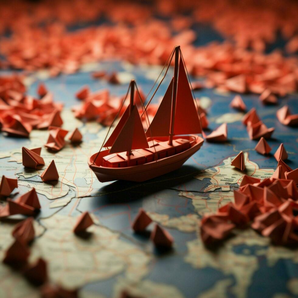 cours pour la victoire rouge bateau guides papier bateaux sur monde carte, incorporant collaboratif direction pour social médias Publier Taille ai généré photo