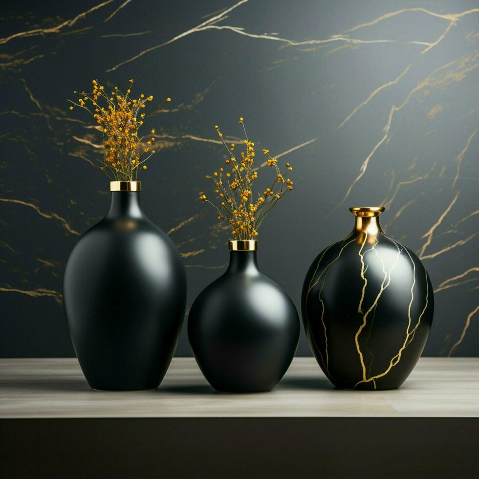 élégant noir céramique des vases positionné sur noir marbre, blanc mur derrière pour social médias Publier Taille ai généré photo