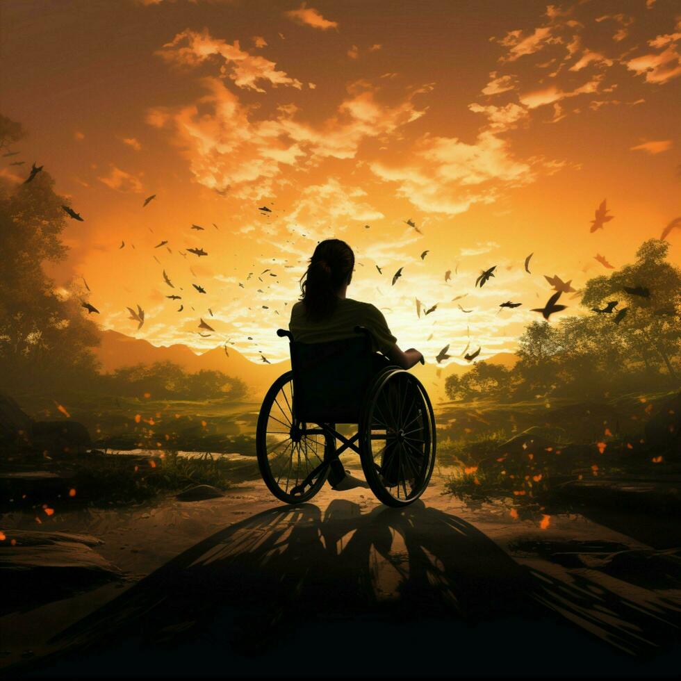 habilitant silhouette fauteuil roulant lié figure contre coucher de soleil, incorporant force et persévérance pour social médias Publier Taille ai généré photo