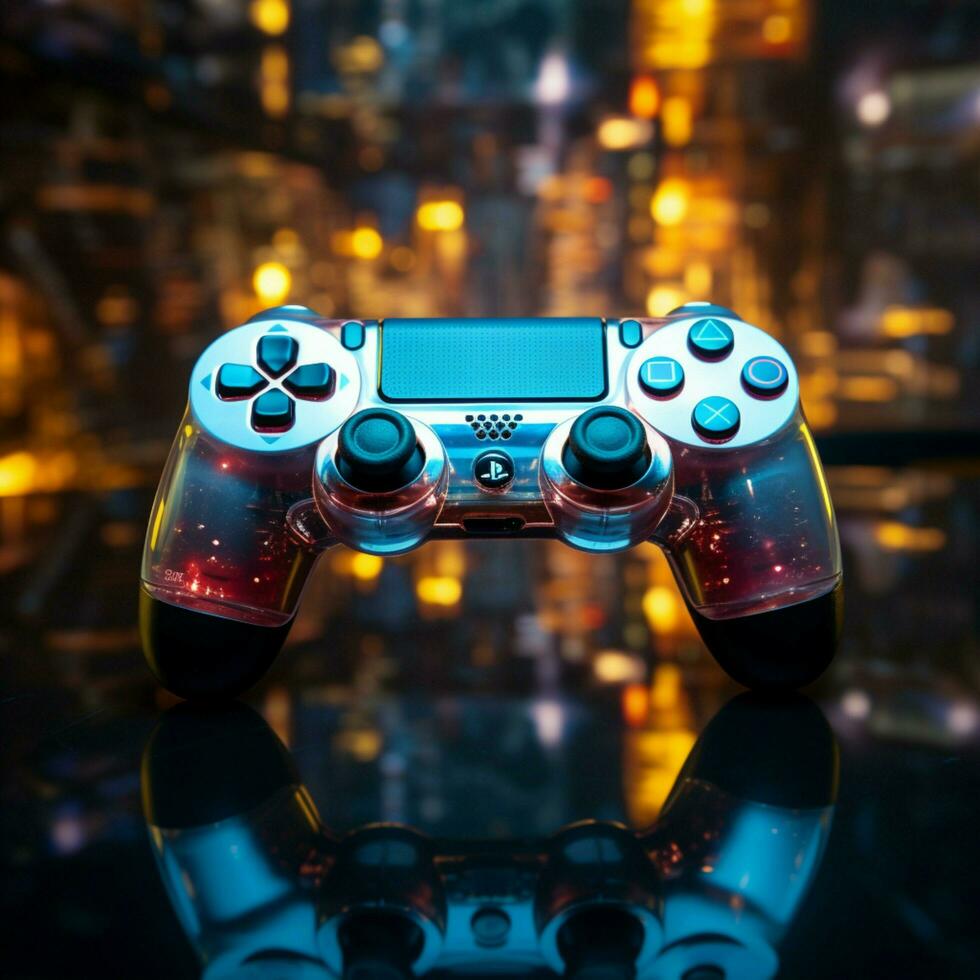 absorbé dans bleu à thème vidéo jeu, manette proche en haut améliore en retard nuit gameplay pour social médias Publier Taille ai généré photo