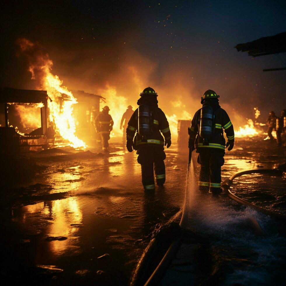 sapeurs pompiers combat pétrole flamber en utilisant tournoiement l'eau brouillard extincteur sécurité concept pour social médias Publier Taille ai généré photo