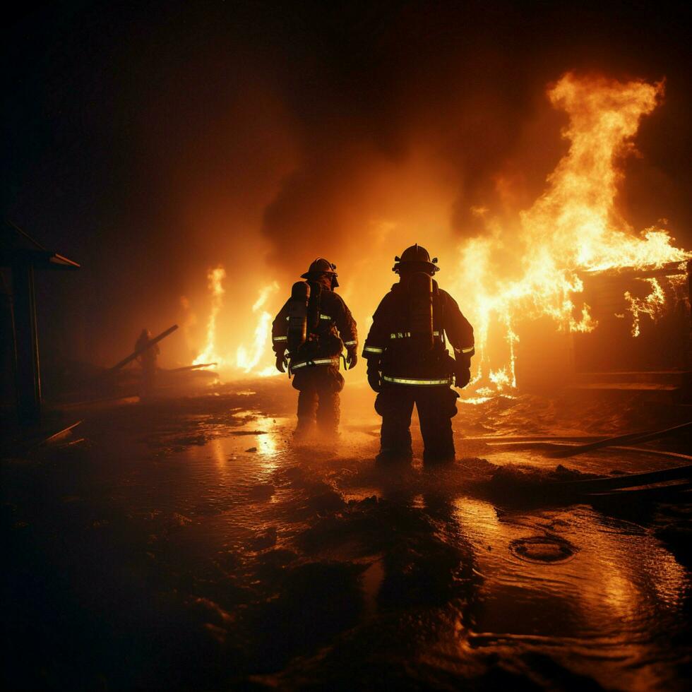 sapeurs pompiers combat pétrole flamber en utilisant tournoiement l'eau brouillard extincteur sécurité concept pour social médias Publier Taille ai généré photo