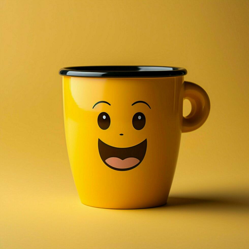 adorable café tasse personnage sur Jaune toile de fond, sportif une sourire copie amical atmosphère pour social médias Publier Taille ai généré photo