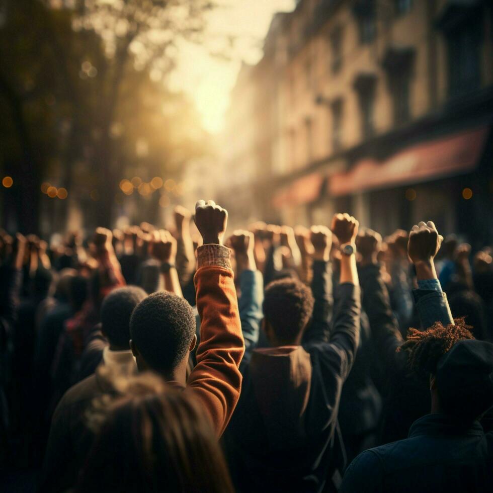 mains de affaires équipe élevé poing air entreprise fête la victoire, Succès et gagnant concept, copie espace pour social médias Publier Taille ai généré photo