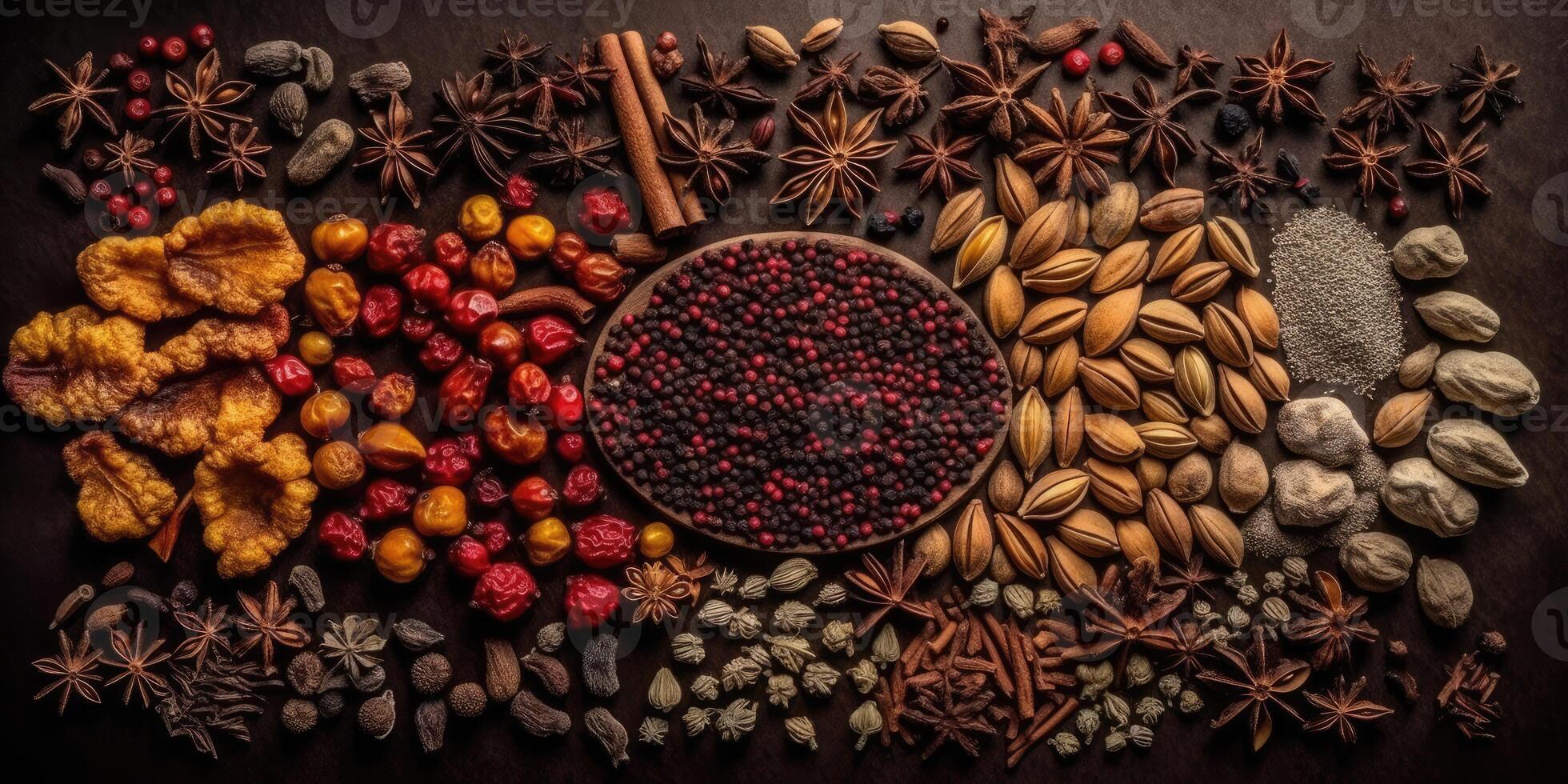 Indien épices proche en haut. poivre, Safran des Indes thym paprika cumin. génératif ai photo