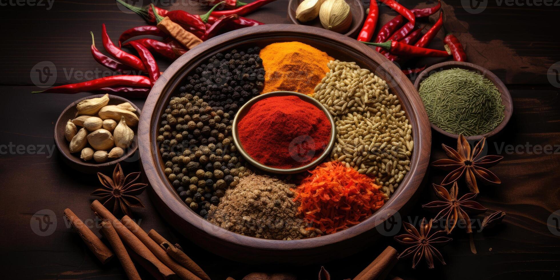 Indien épices proche en haut. poivre, Safran des Indes thym paprika cumin. génératif ai photo