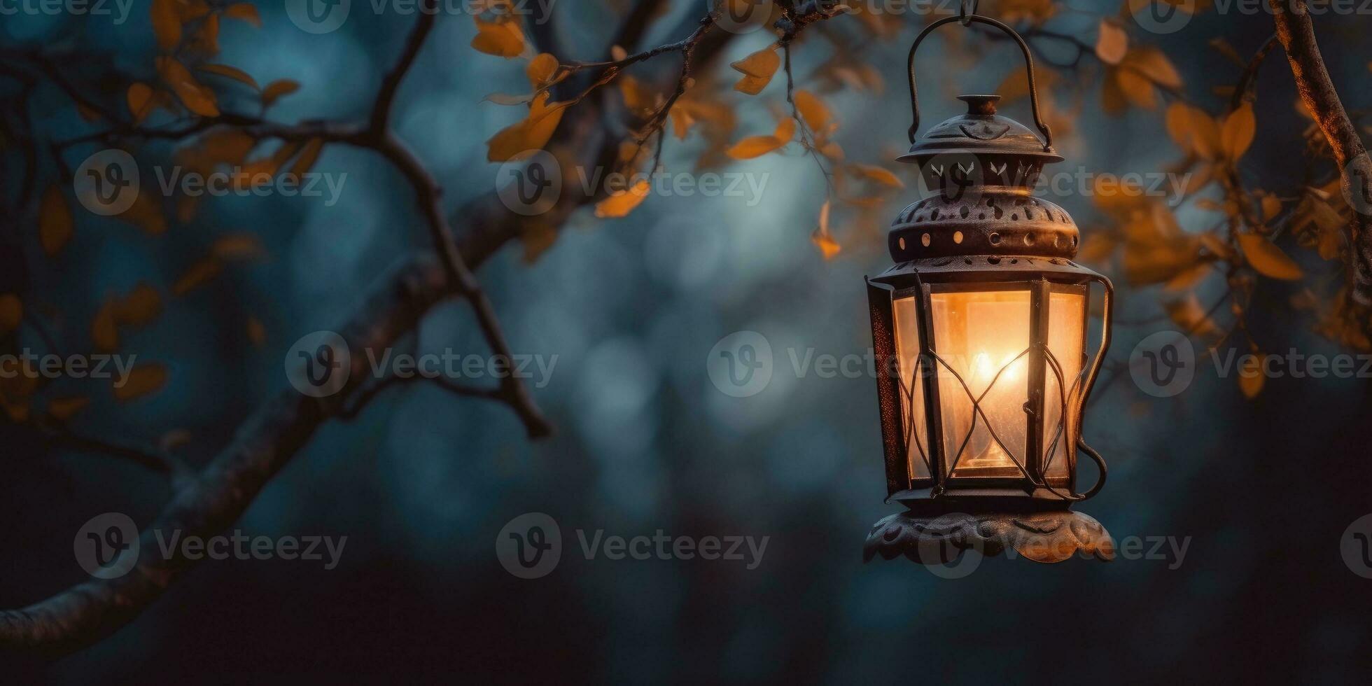 ancien lanterne sur une arbre. génératif ai photo