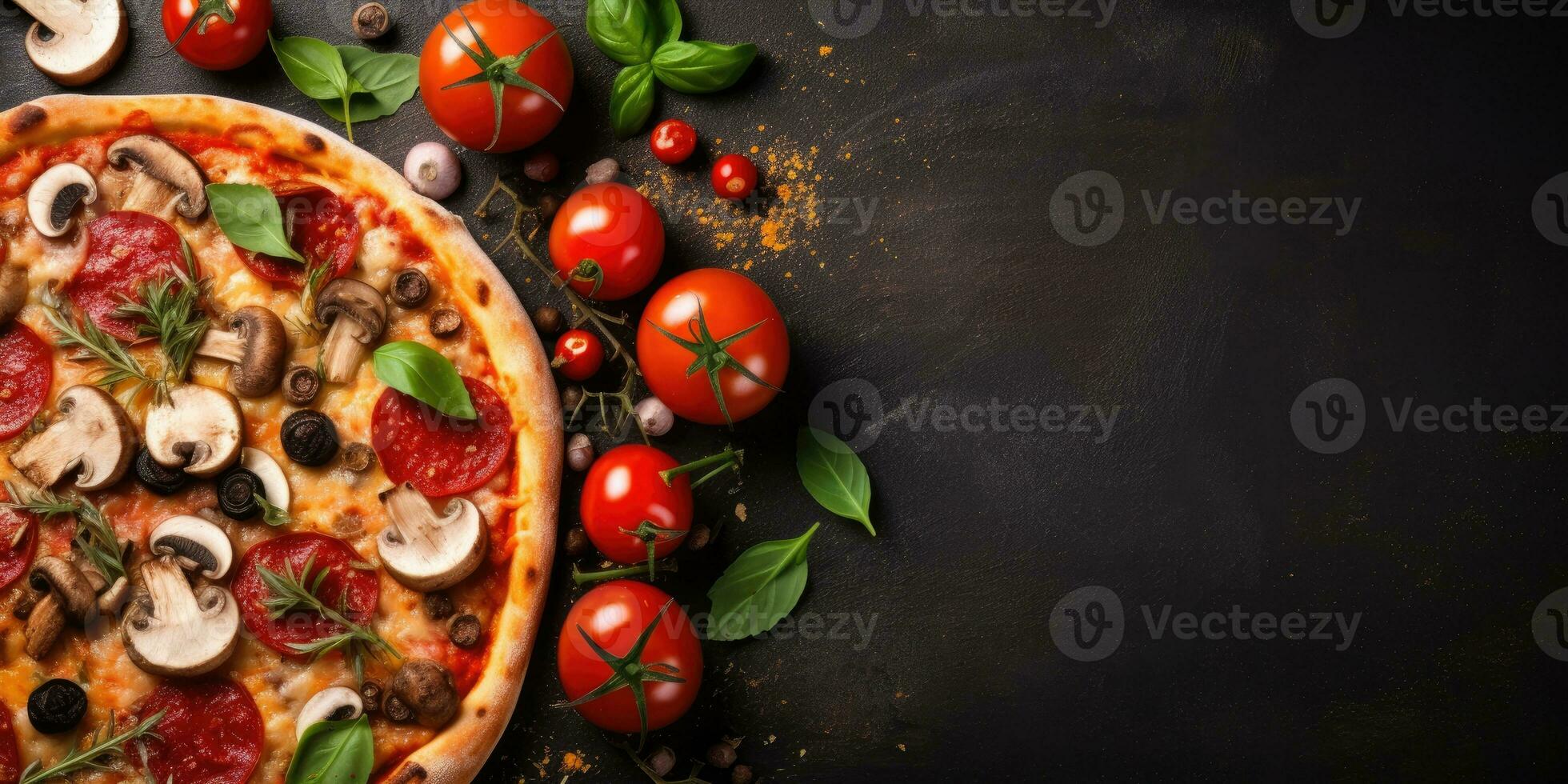 savoureux italien Pizza fermer. vue de au-dessus de. endroit pour texte. génératif ai photo