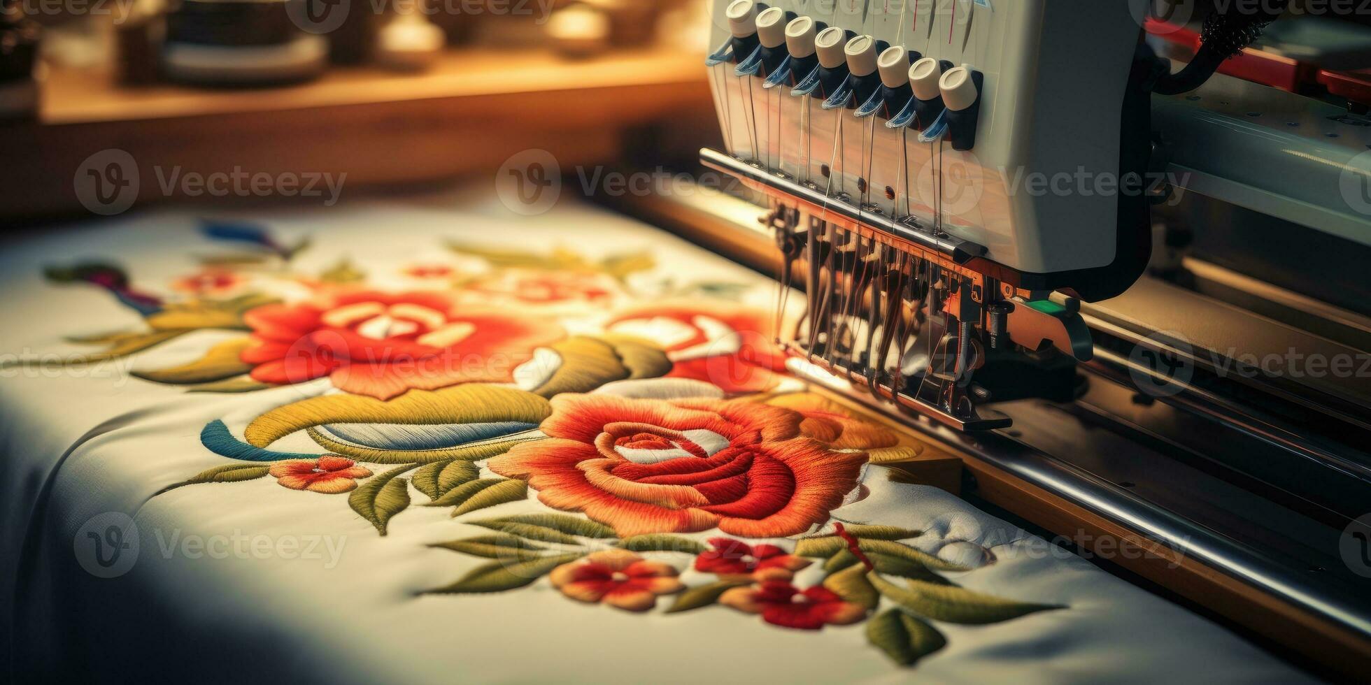 machine broderie fermer. floral modèle. génératif ai photo