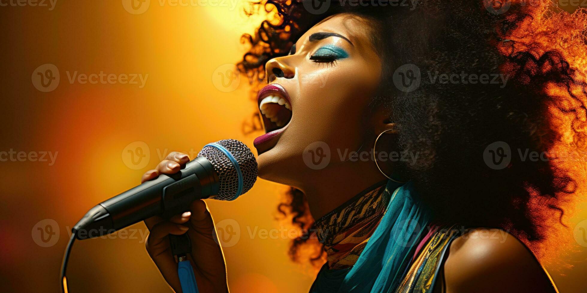 Jeune africain femme chante dans karaoké. génératif ai photo