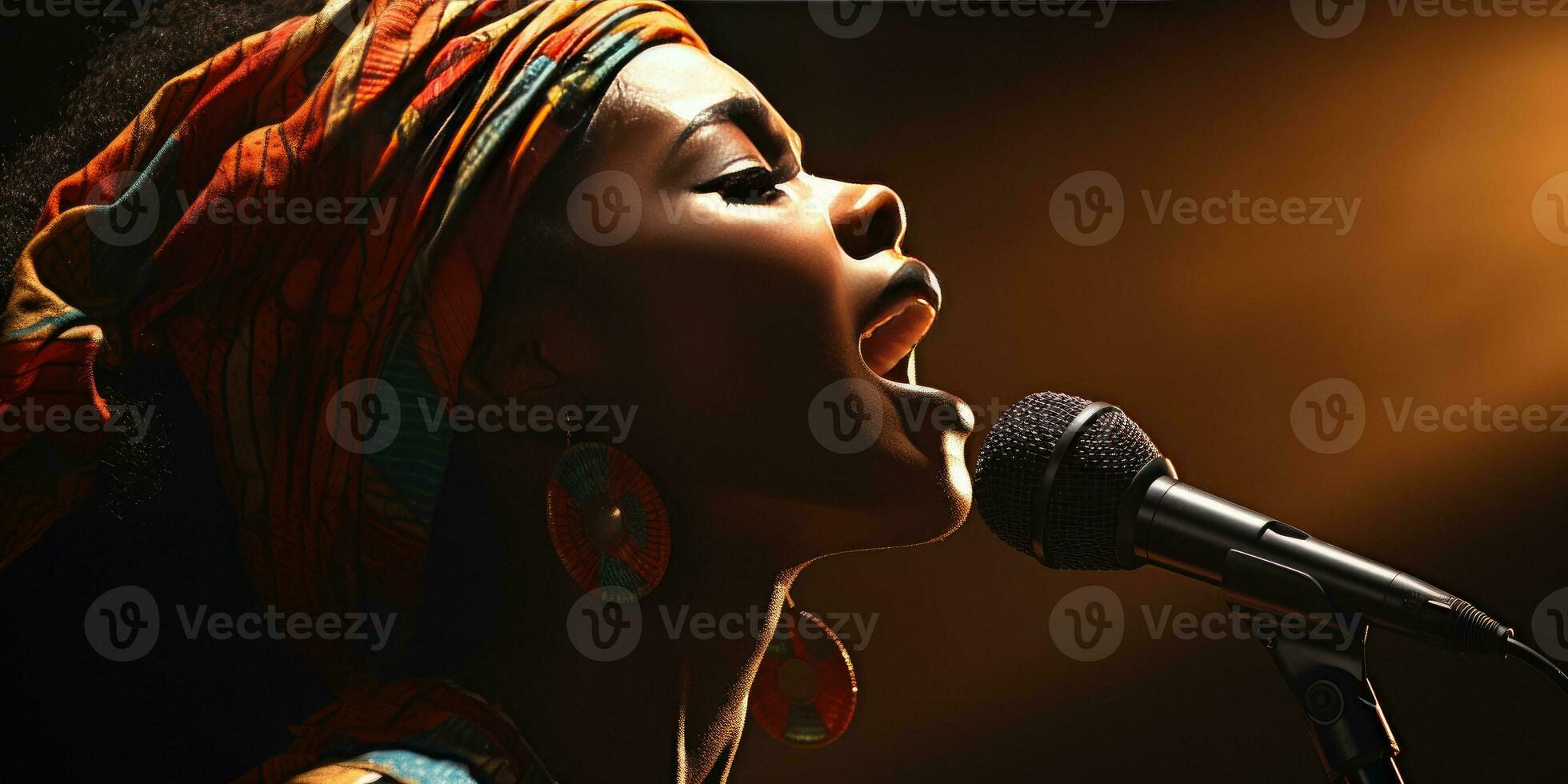 Jeune africain femme chante dans karaoké. génératif ai photo