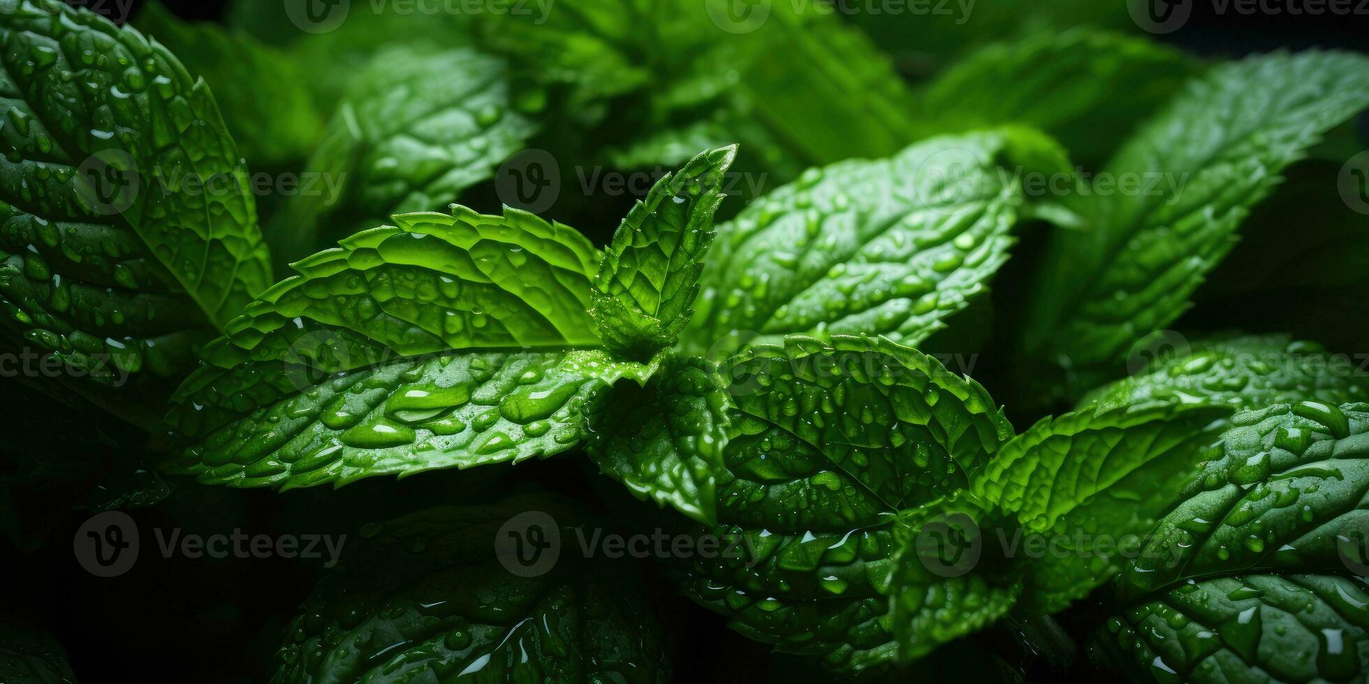 Frais menthe fermer. rosée gouttes sur feuilles. végétarien thème. génératif ai photo