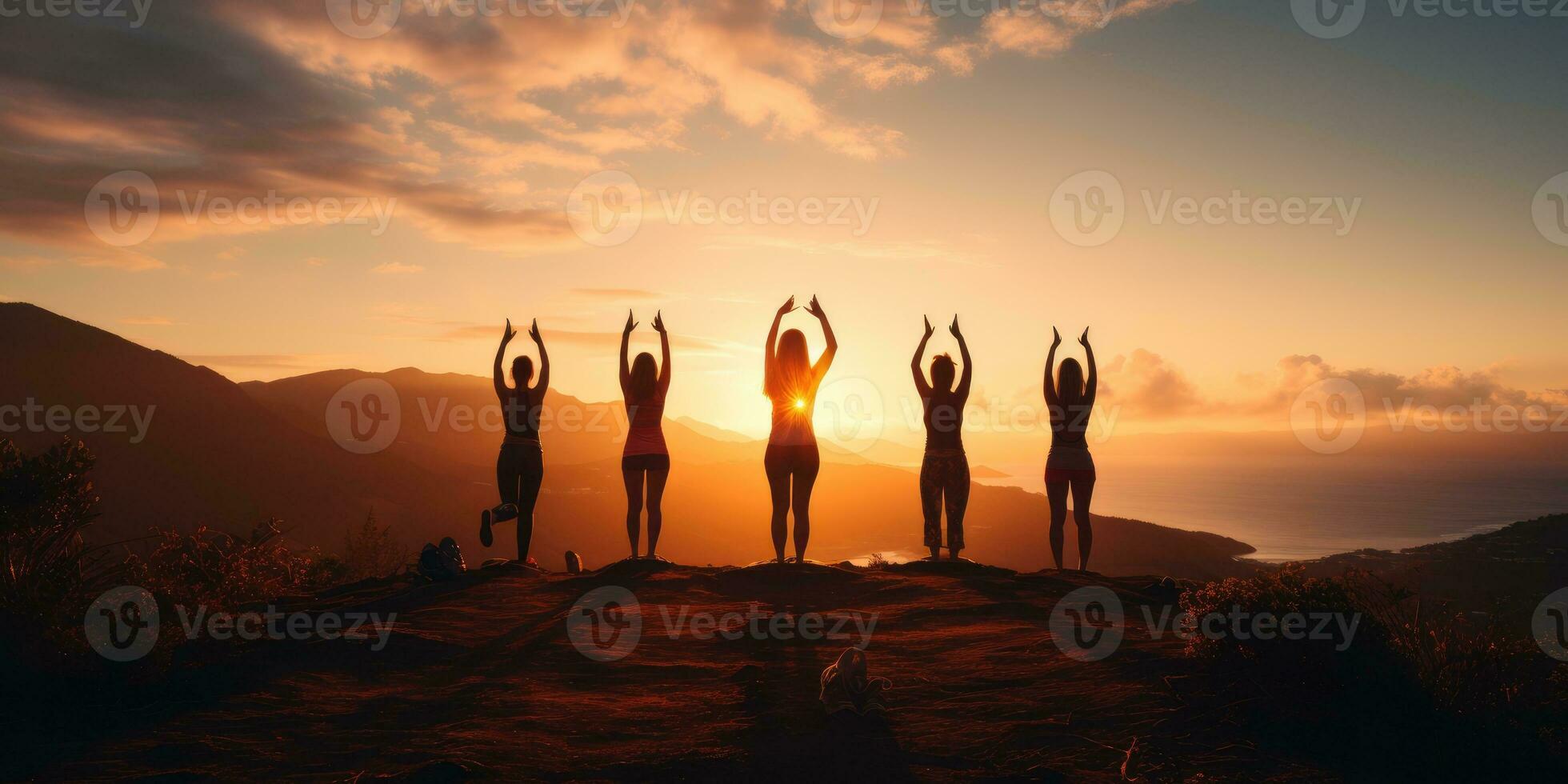 une groupe de gens Faire yoga par le l'eau à le coucher du soleil. génératif ai photo