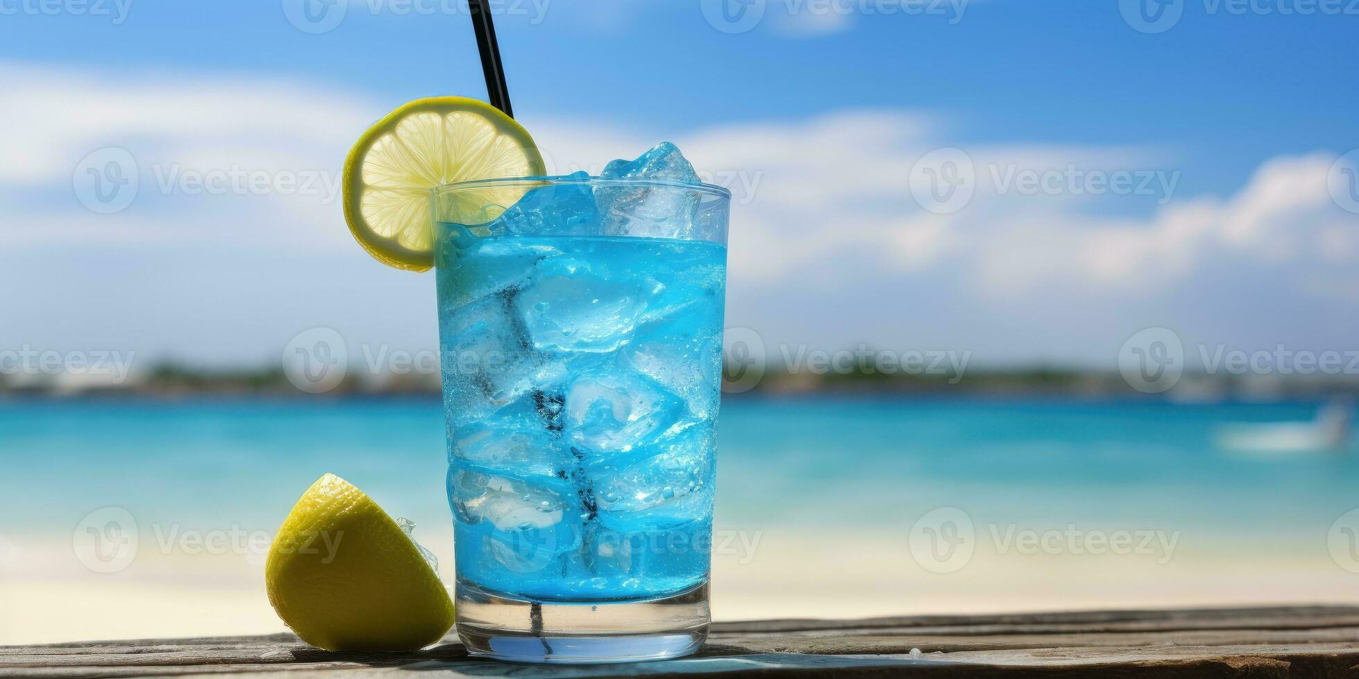 cocktail sur le plage. bleu lagune avec glace. génératif ai photo