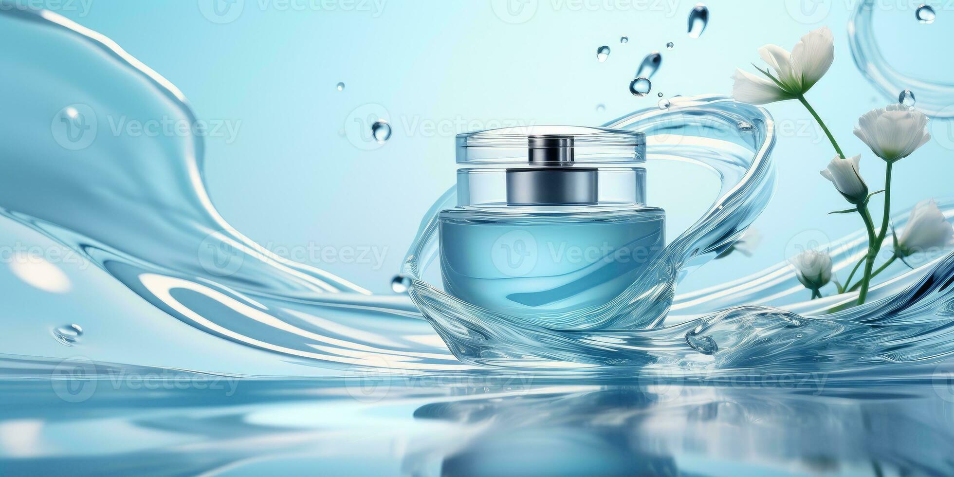 parfum publicité sur une bleu floral Contexte. génératif ai photo