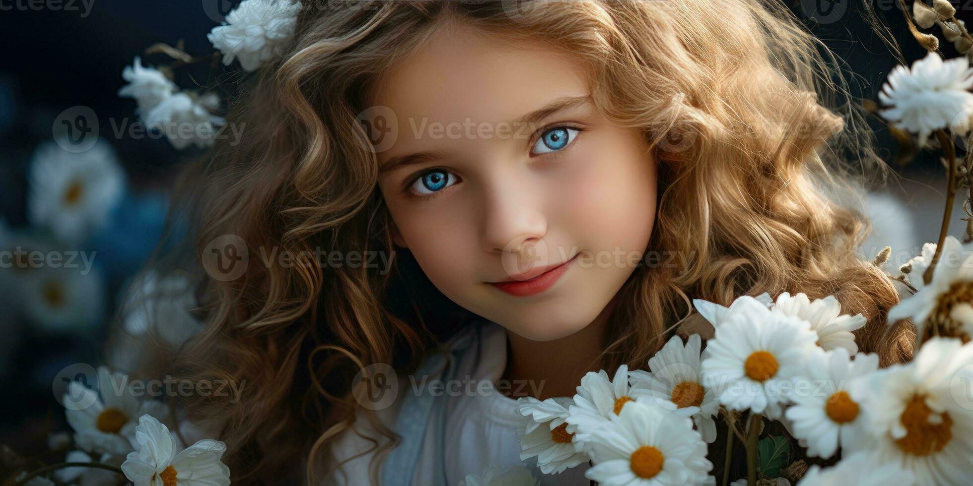 mignonne fille avec marguerites. portrait de une fille. génératif ai photo