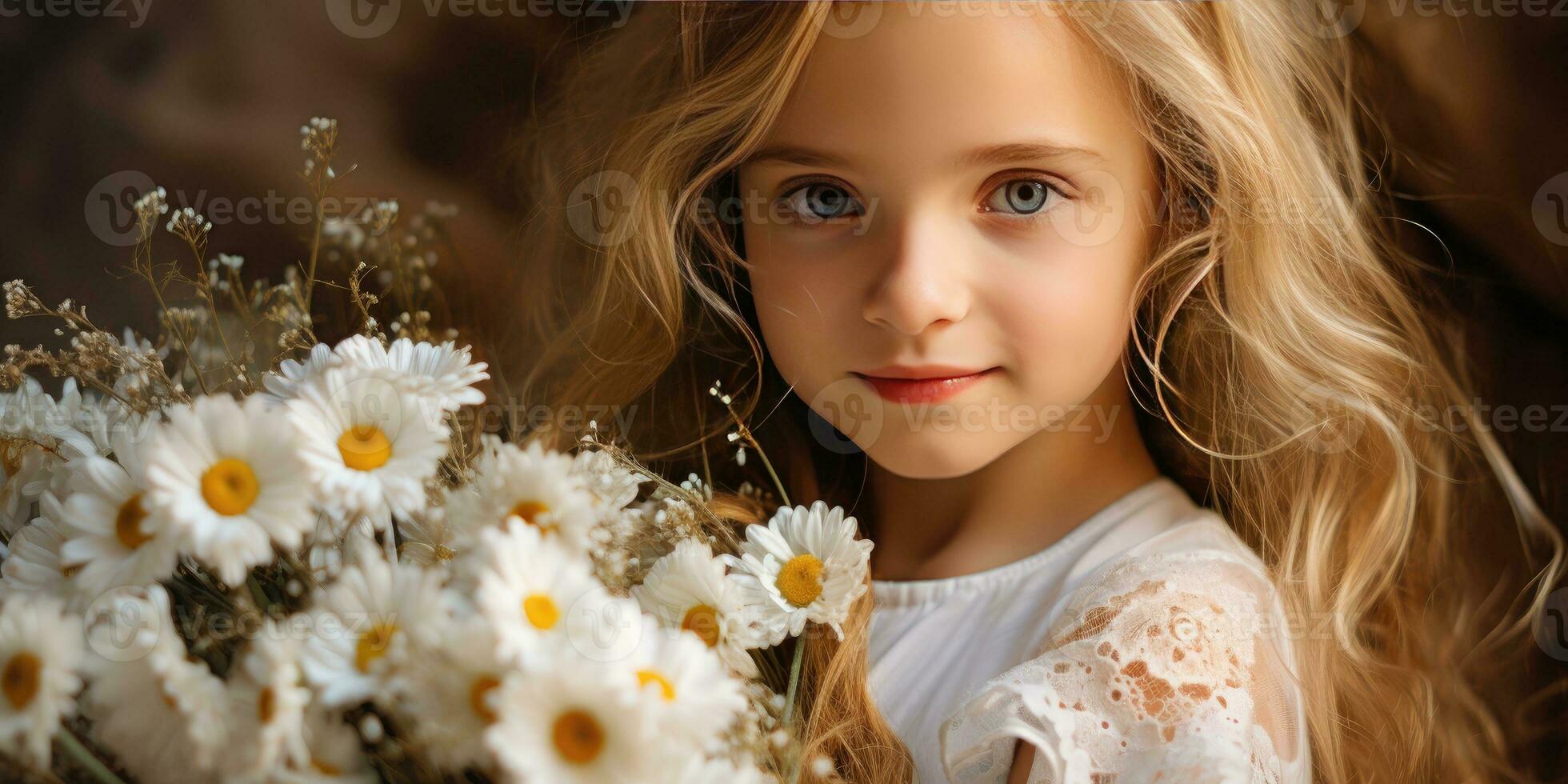 mignonne fille avec marguerites. portrait de une fille. génératif ai photo