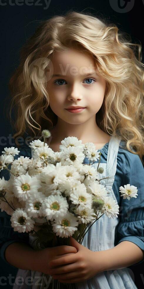 mignonne fille avec marguerites. portrait de une fille. génératif ai photo