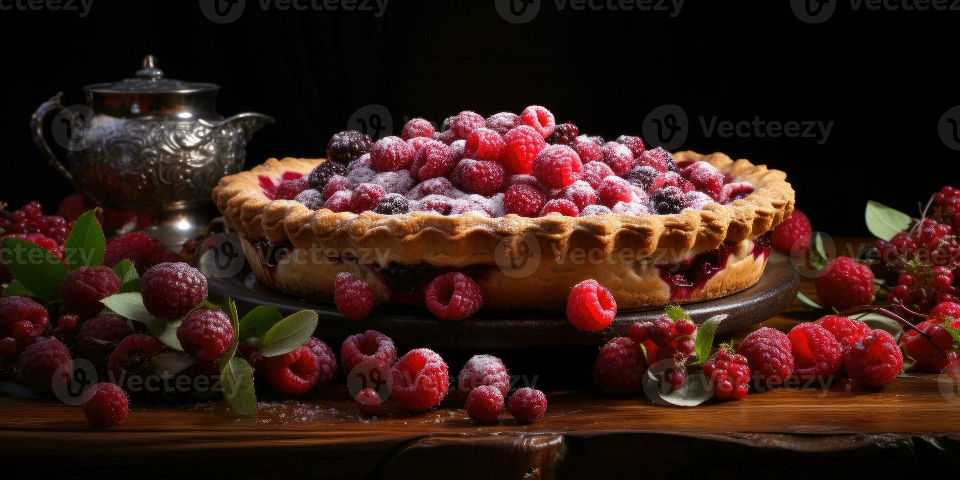 framboise tarte. appétissant tarte fermer. airelle rouge. myrtille. génératif ai photo