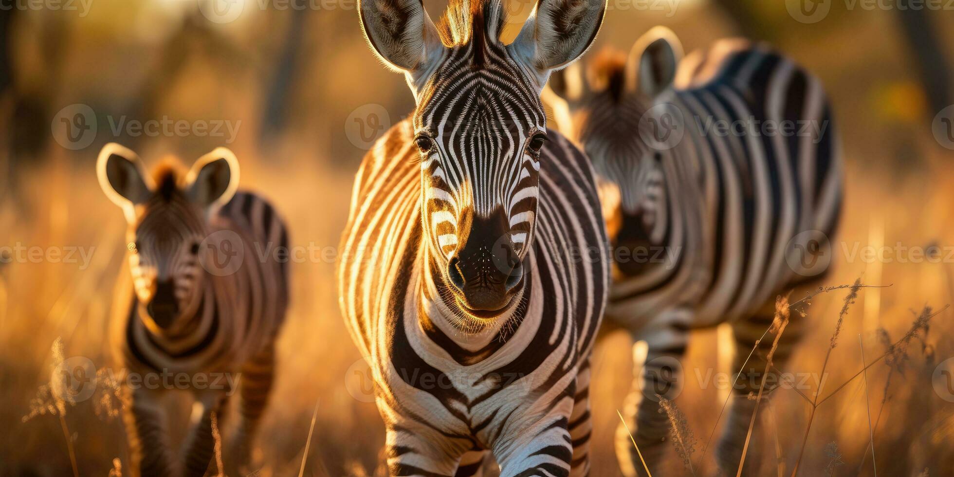 horizontal photo de zèbres dans Afrique contre le coucher du soleil Contexte. génératif ai