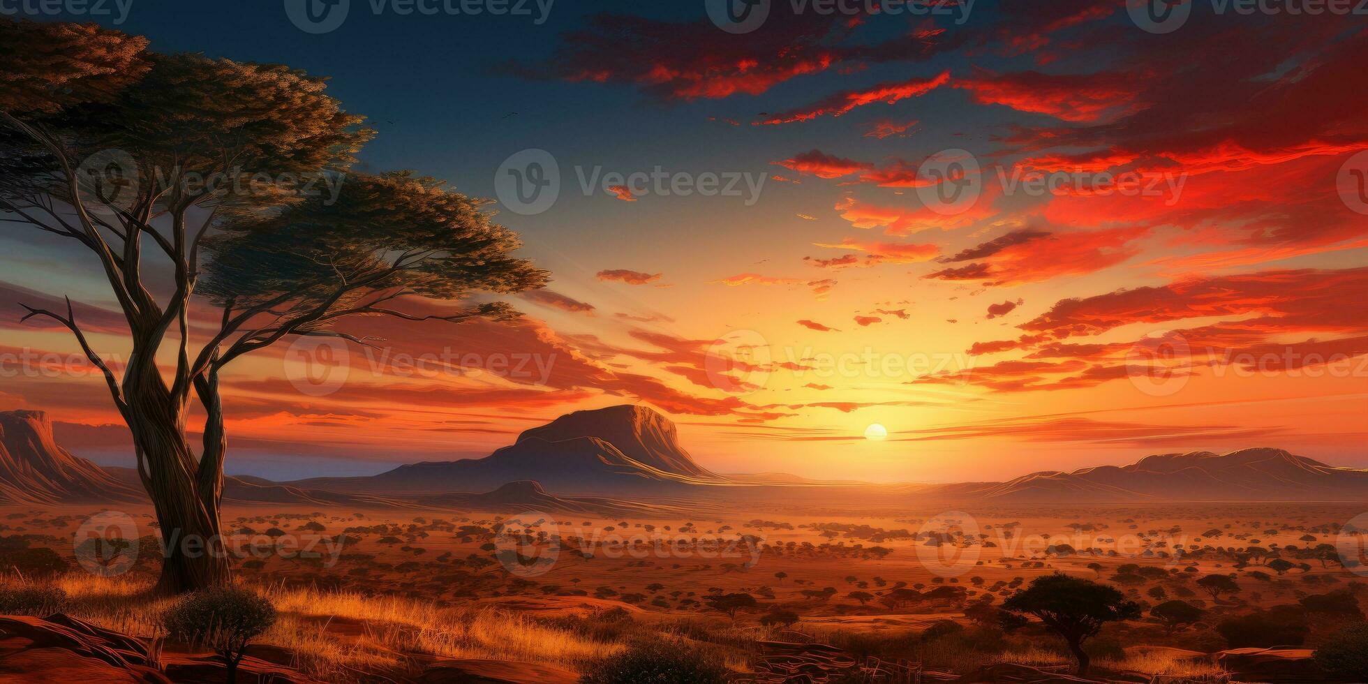 magnifique le coucher du soleil dans Afrique avec une mort arbre et brillant couleurs. génératif ai photo