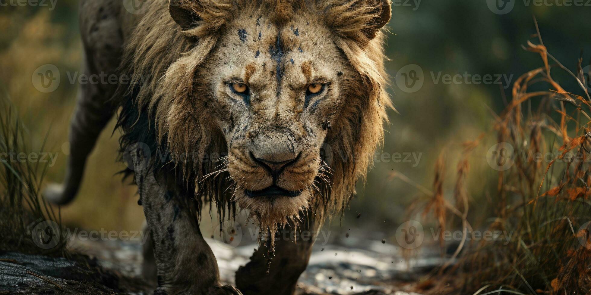 portrait de adulte Masculin lion, sauvage animal le la nature habitat. cicatrisé Lion affronter. génératif ai photo