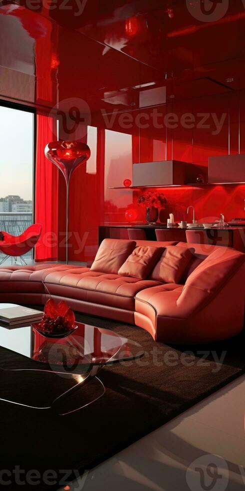 conception de une moderne appartement dans rouge nuances, cuisine et vivant chambre. génératif ai photo