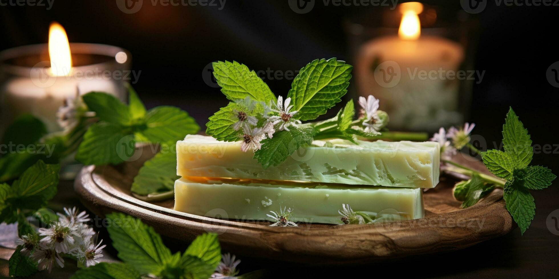 rustique Fait main menthe savon, Naturel herbes, vert Contexte. génératif ai photo