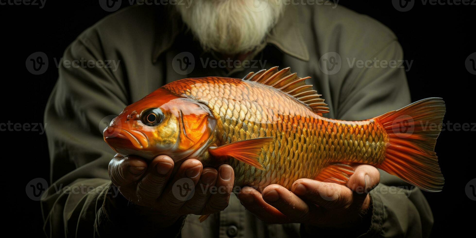 poisson dans mains proche en haut de thème de pêche. génératif ai photo