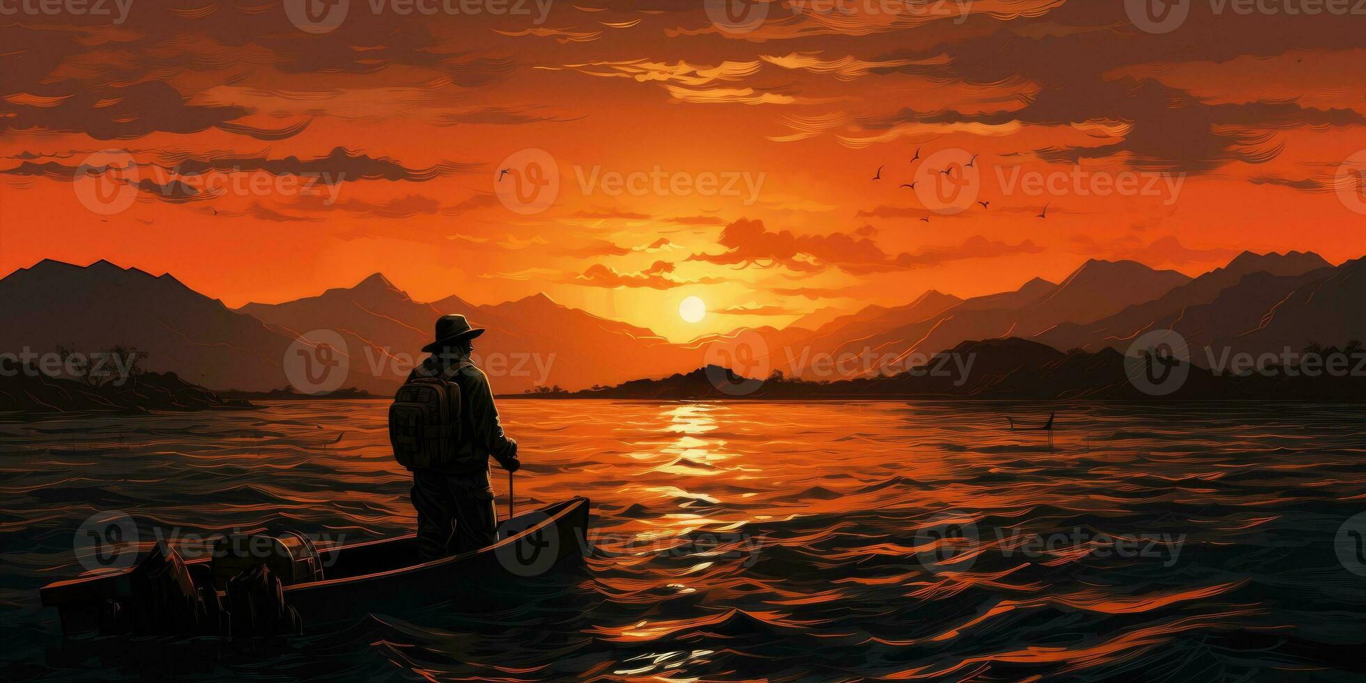 une homme dans une bateau est pêche sur le Lac contre le toile de fond de le coucher du soleil. génératif ai photo
