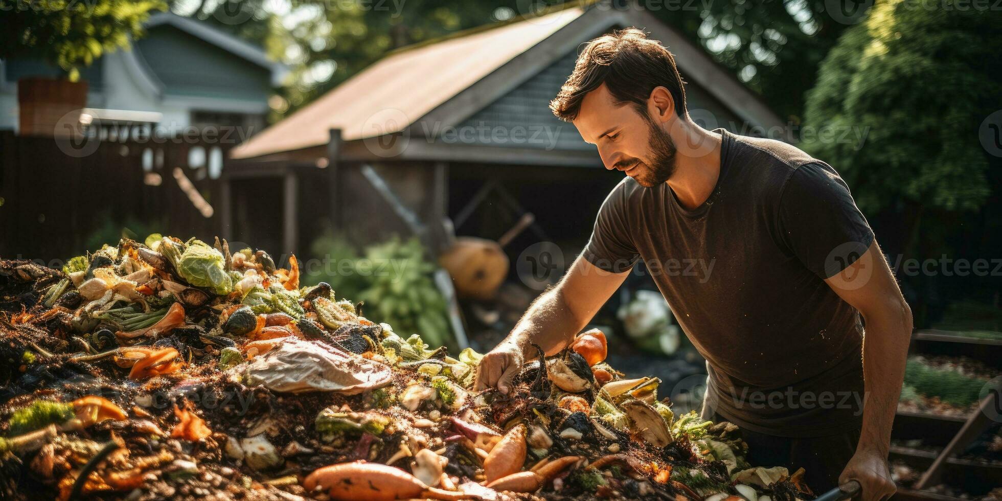 une homme composts nourriture déchets dans le sien jardin. écologique utilisation de aliments. génératif ai photo