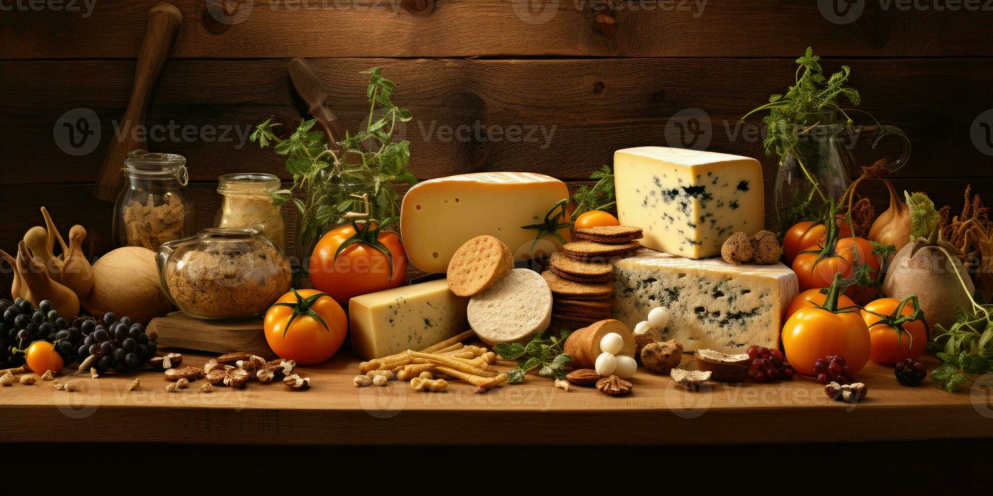 fête hors d'oeuvre plat assorti les fromages et des fruits de au-dessus de. génératif ai photo