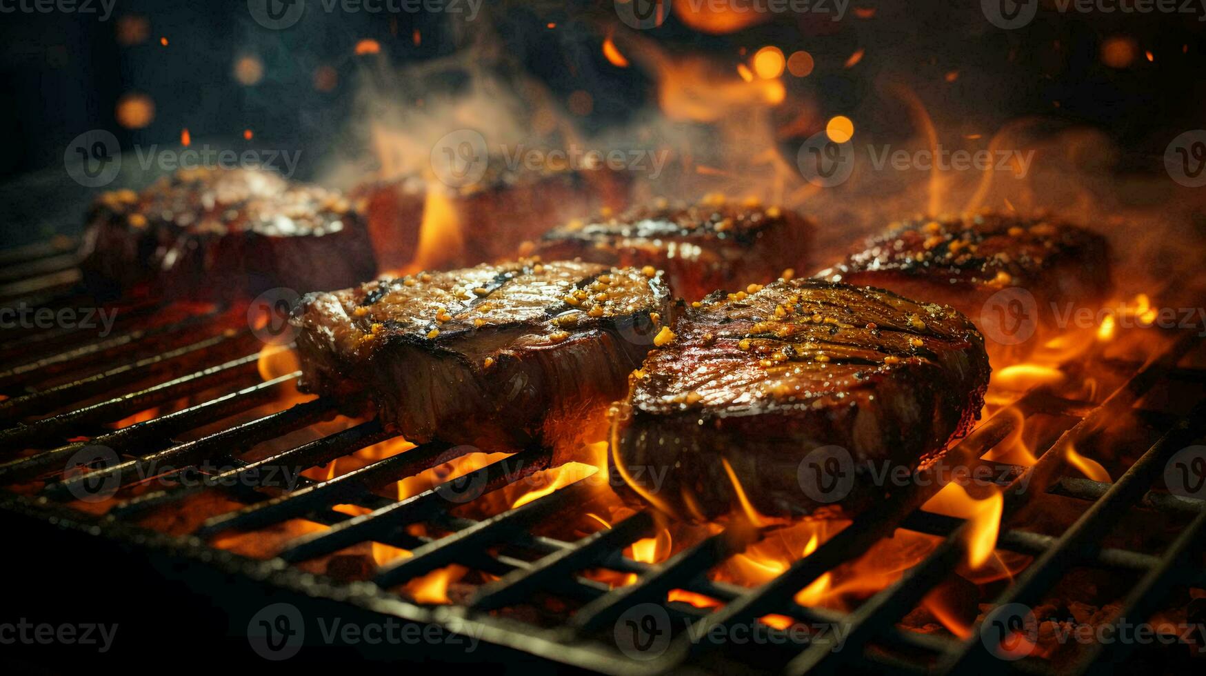 délicieux Viande frit steaks sur le gril cuit sur Feu photo