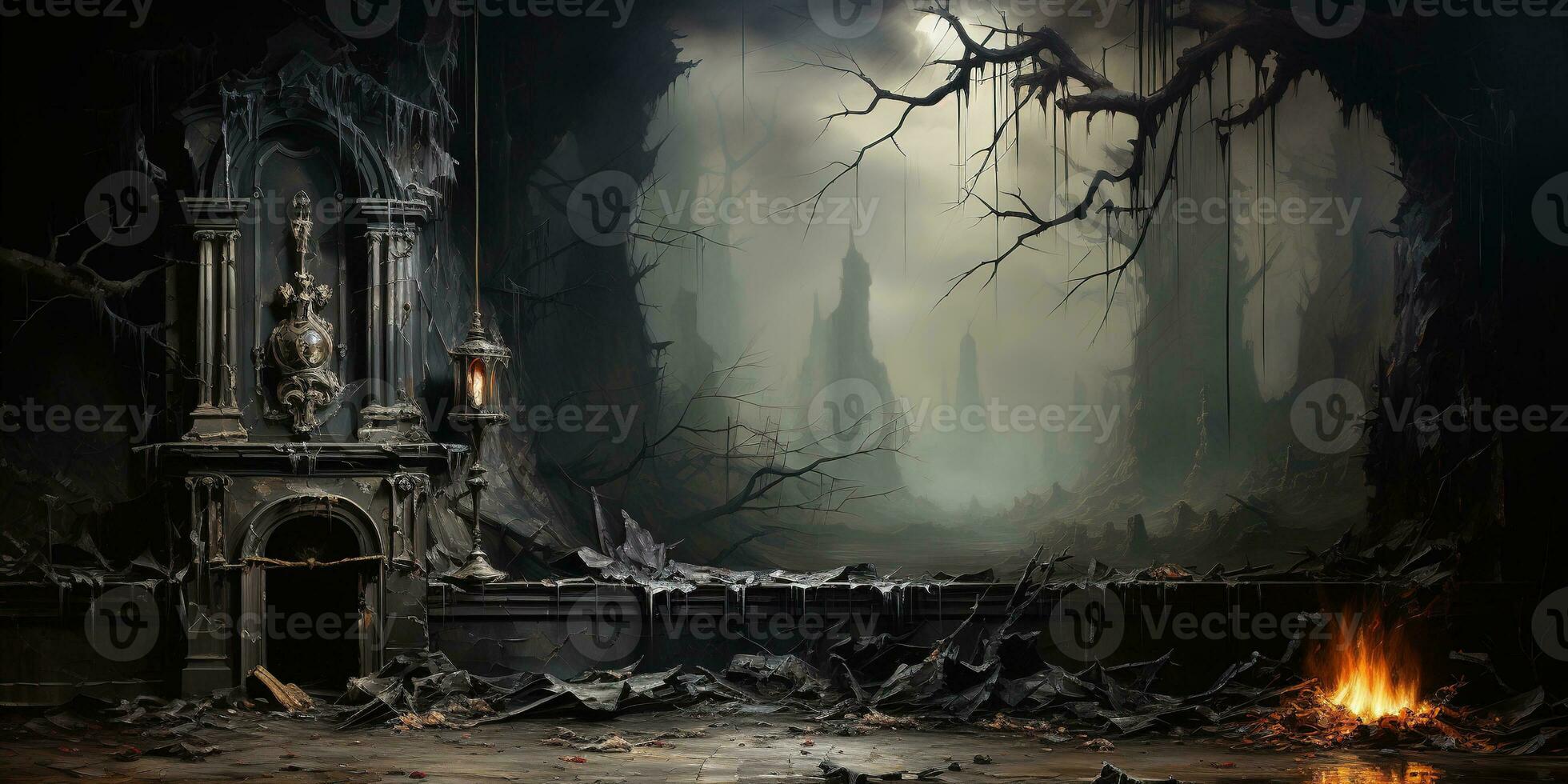 génératif ai, gothique ruiné noir intérieur et paysage dans le style de sombre fantaisie photo