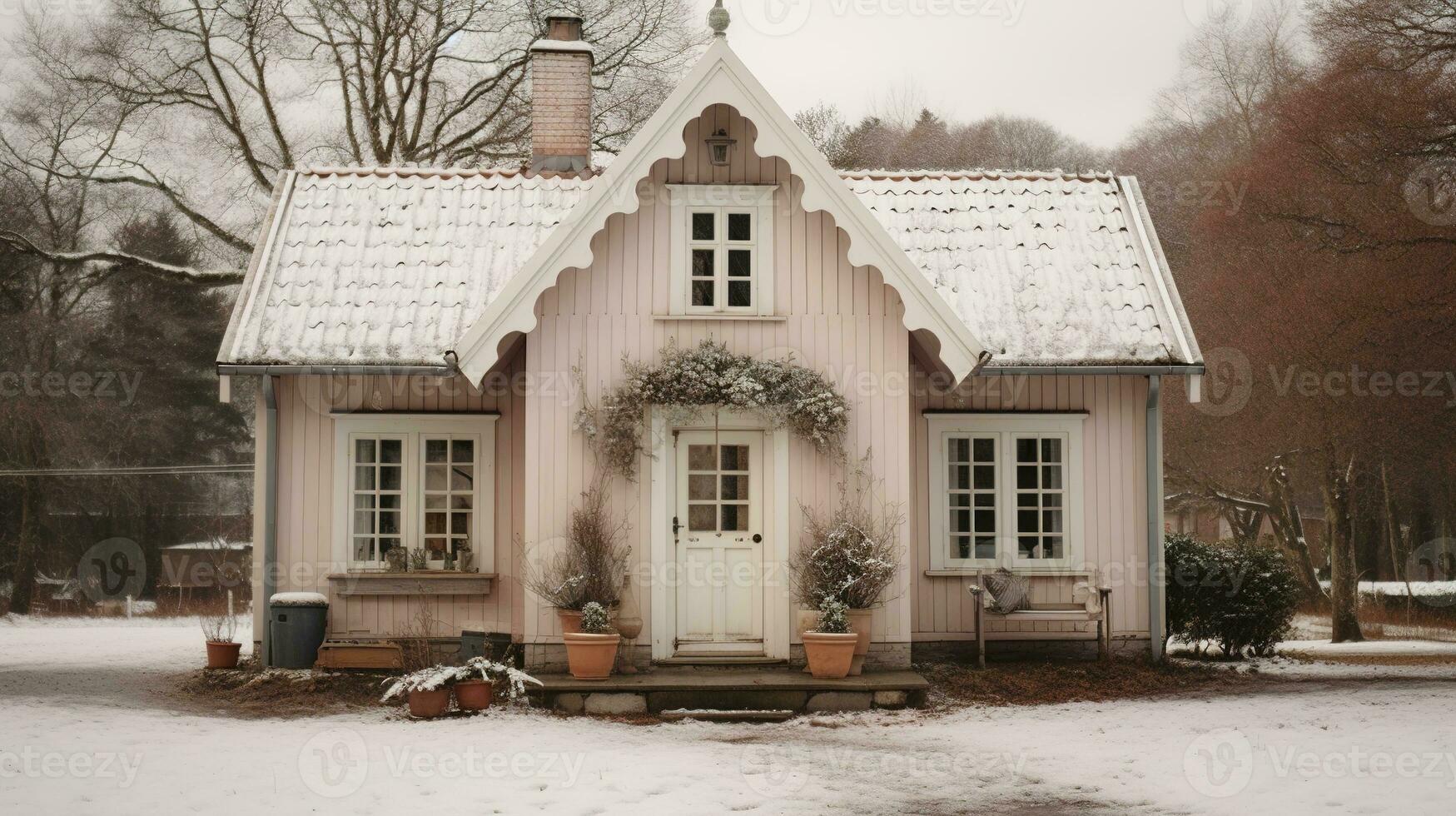 génératif ai, maison de face dans le hiver avec Noël décoration, couronne et guirlande. neige confortable saison photo