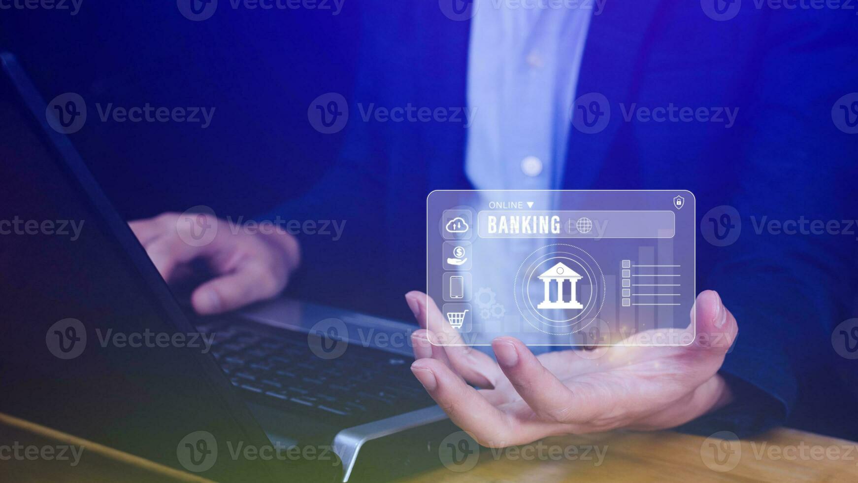 homme d'affaire touche en ligne bancaire et réseau lien Icônes, en ligne Paiement Icônes sur virtuel filtrer, l'Internet en ligne bancaire Payer concept. photo