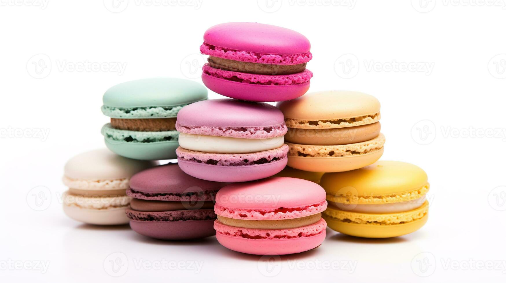 sucré français macarons sur une blanc arrière-plan, dessert. ai génératif photo