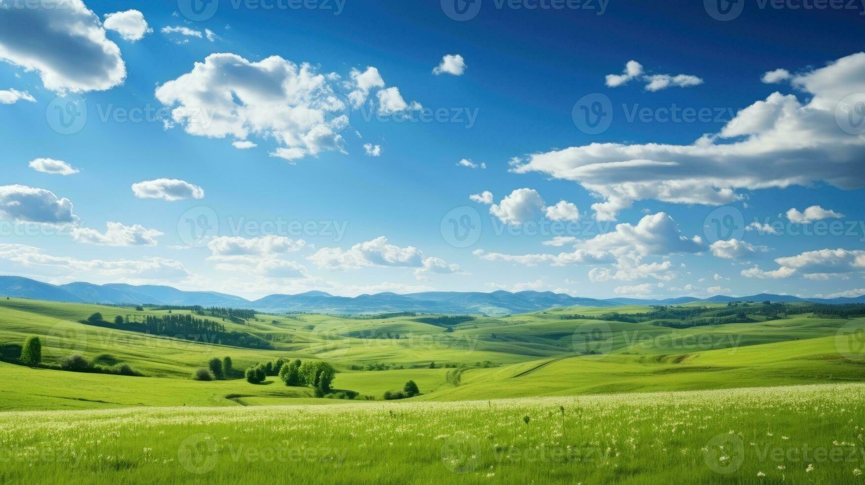 vert champ et bleu ciel ai généré photo